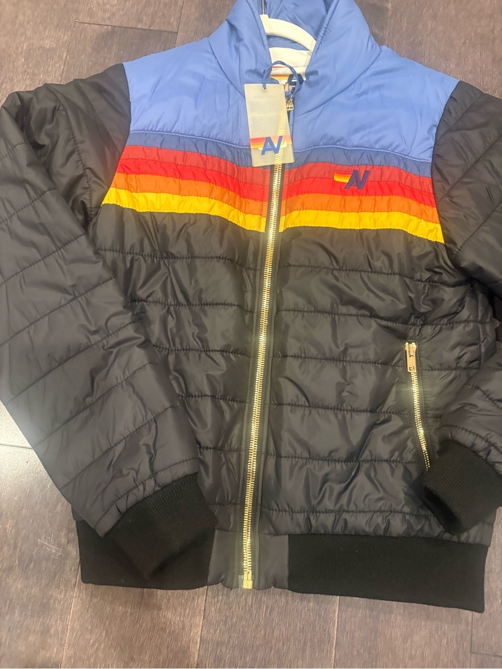 Aviator Nation Black Rainbow Stripe Puffer Jacket NWT Size S